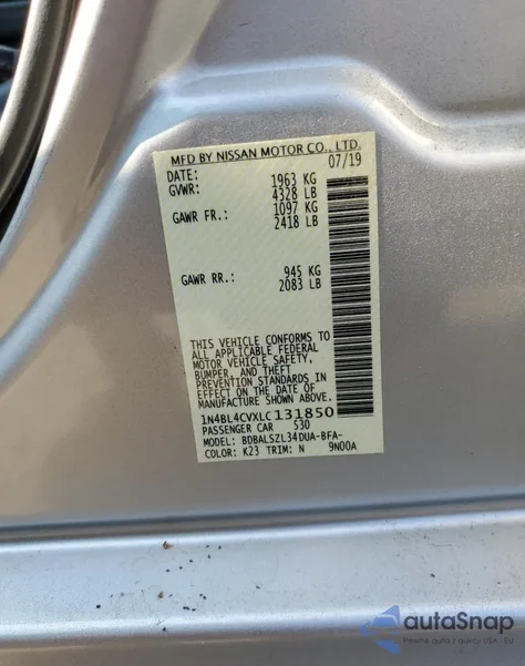 2020 Nissan Altima Sr z USA, uszkodzony, nr VIN 1N4BL4CVXLC131850